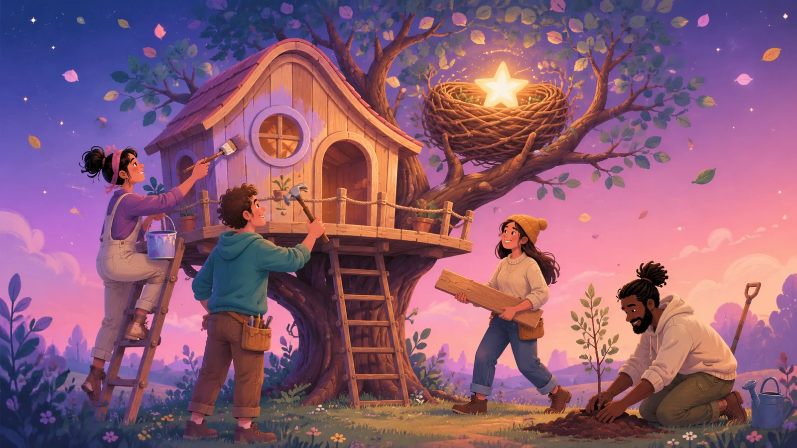 Four collaborators happily building a magical treehouse-nest
