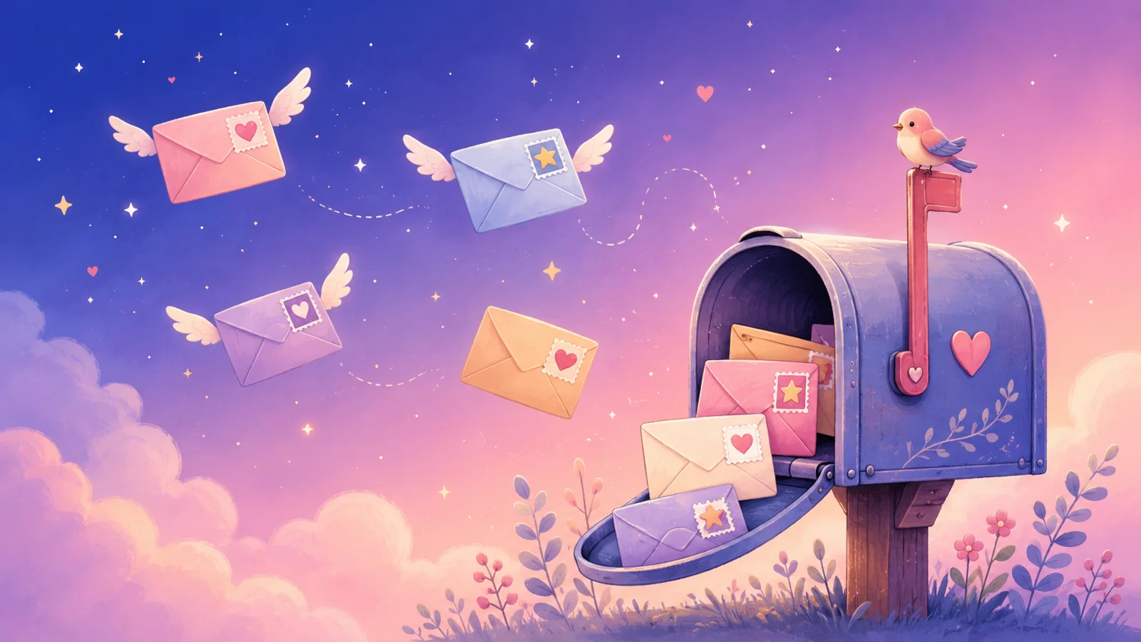 A friendly mailbox with colorful envelopes flying out