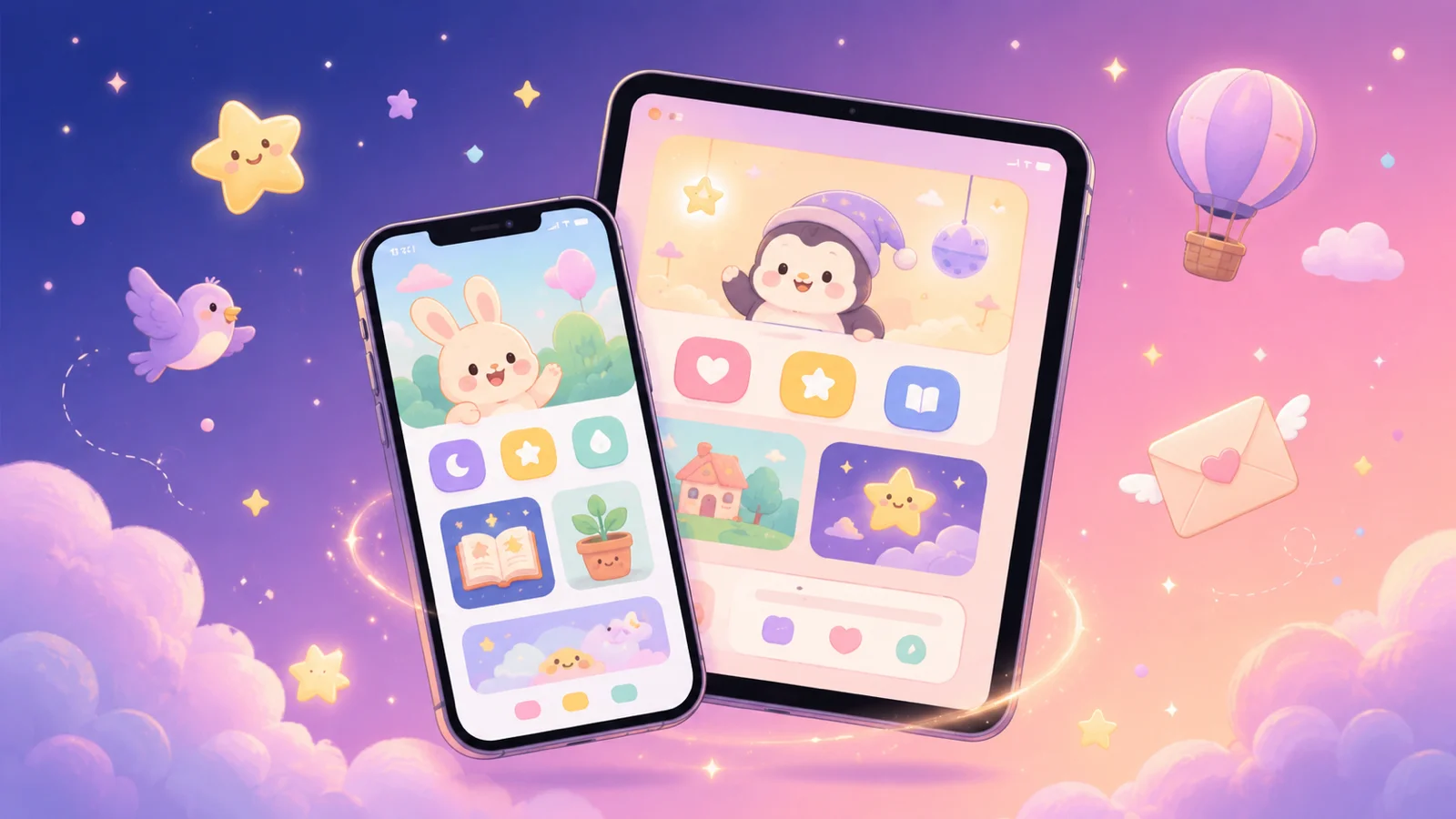 A smartphone and tablet with WunderTrove's child-friendly UI peeking out