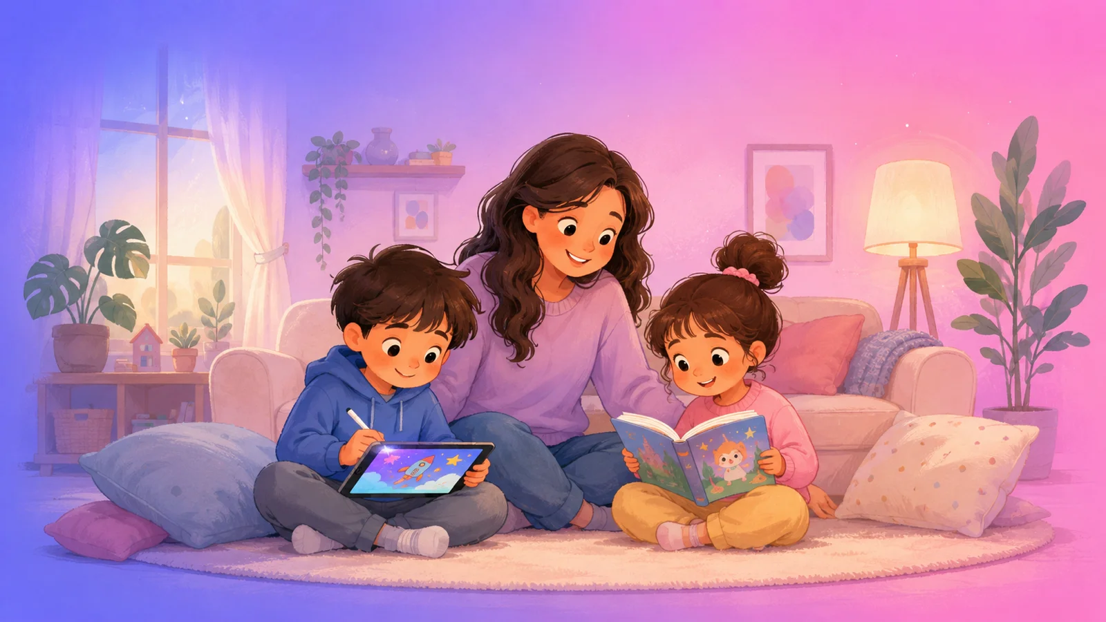 A parent and two children playing and learning together at home
